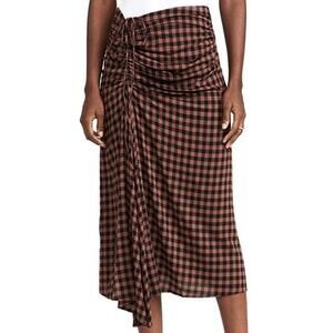 A.L.C. Orly Ruched Checked Crepe Midi Skirt Black/Brandy Brown Women's Size 2
